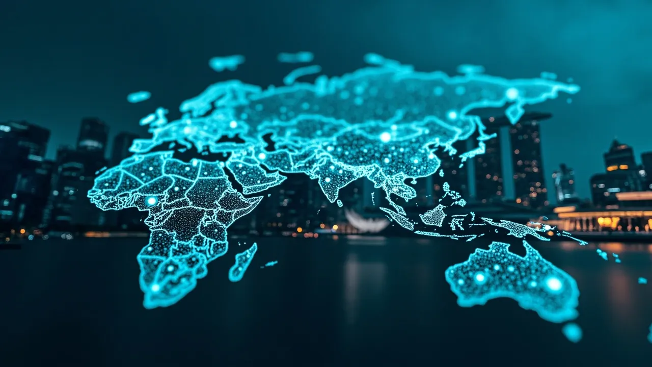 Symbol image: an Asia-Pacific map with AI answer engine nodes and multilingual search signals