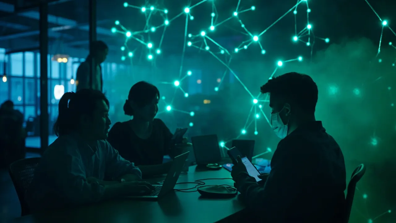 Singapore co-working space where APAC professionals use phones and laptops for AI workflows
