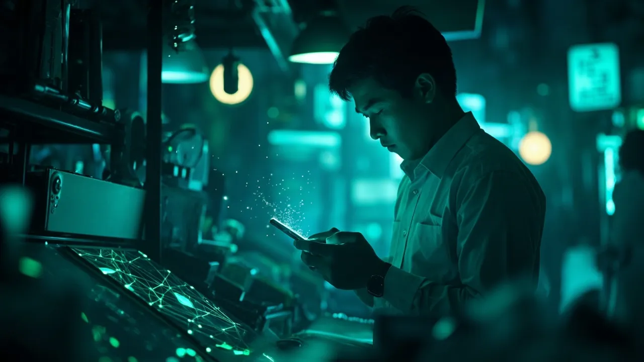 An Asian small business owner using a phone with a super-app interface at a market stall
