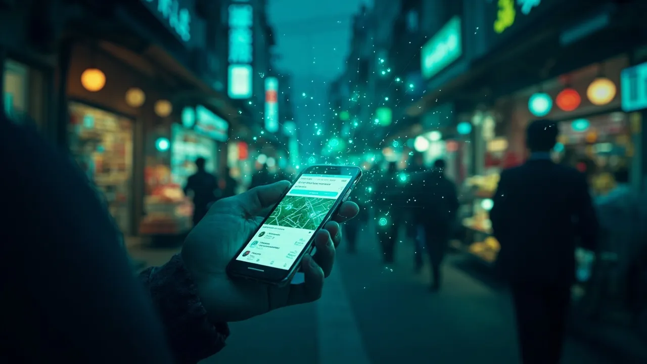 A bustling Asian street market with a smartphone showing a local search app open