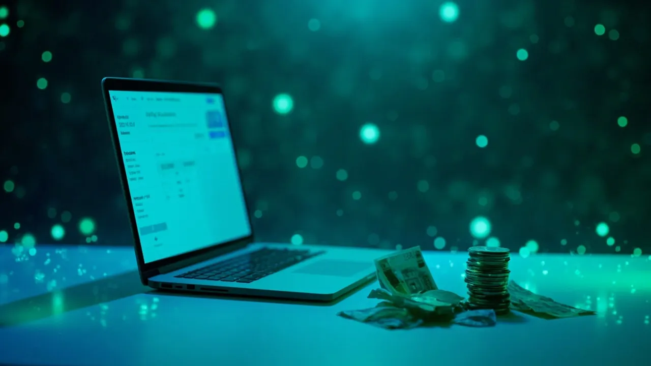 An APAC banknote and coins on a clean desk beside a laptop showing a website invoice, soft daylight, no people